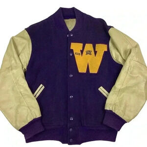 Vintage 60s purple and gold leather trim varsity Letterman’s jacket